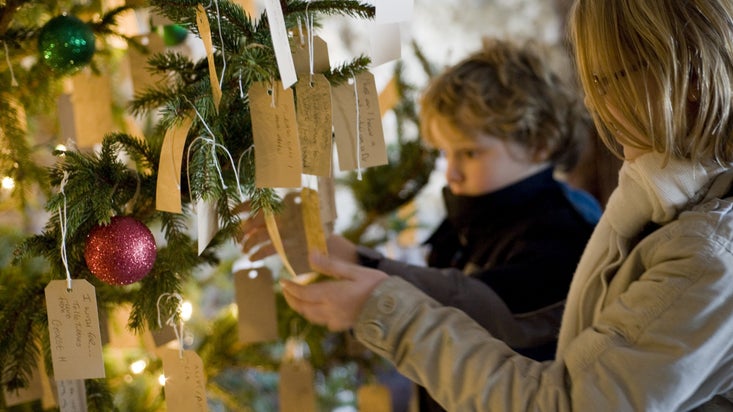 A woman and little boy looking at decorations and wishes hanging from a Christmas tree